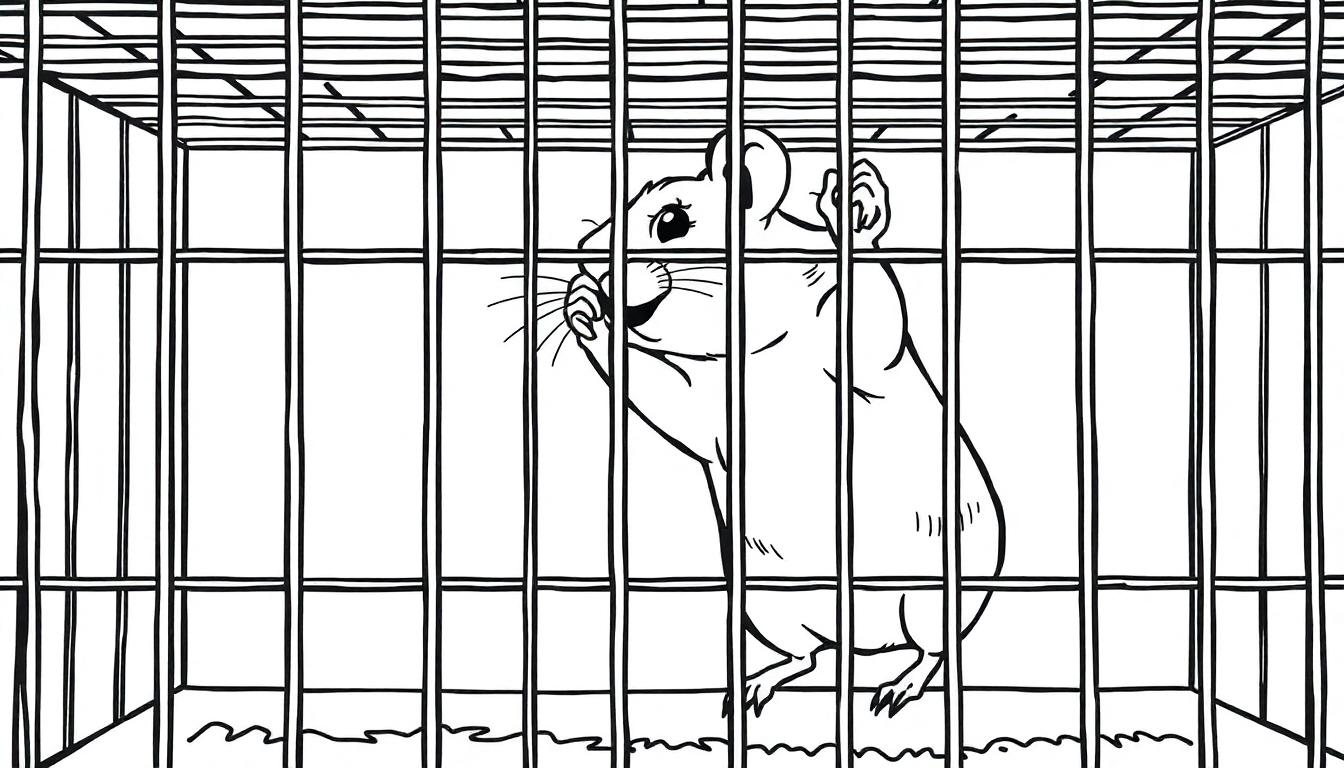 Een schattige lijntekening van een hamster in een kooi, perfect als kleurplaat.