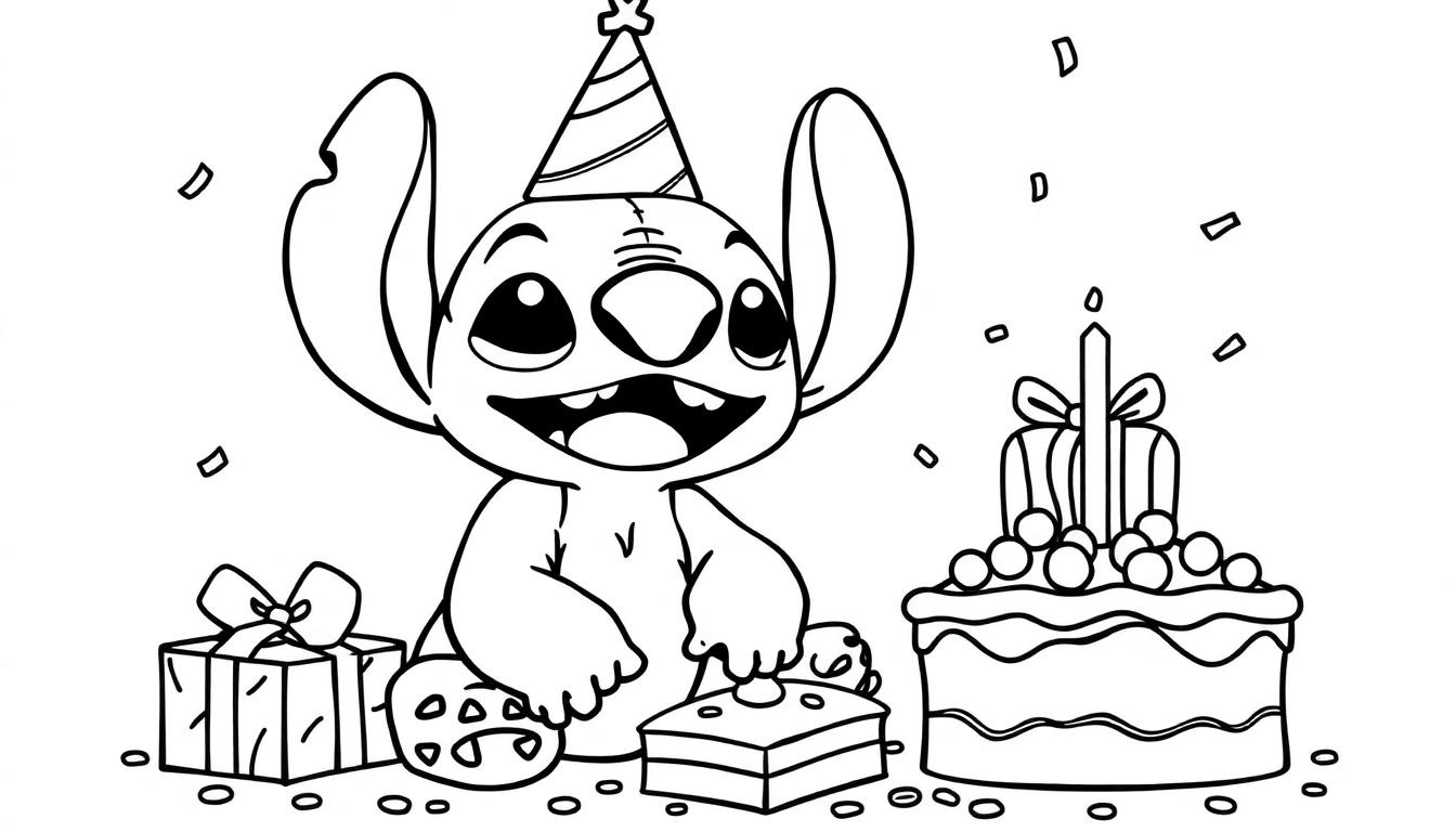 Kleurplaat van Stitch zijn verjaardag; een vrolijke afbeelding met Stitch in een feesthoed, cadeautjes, een taart met een kaars en confetti.