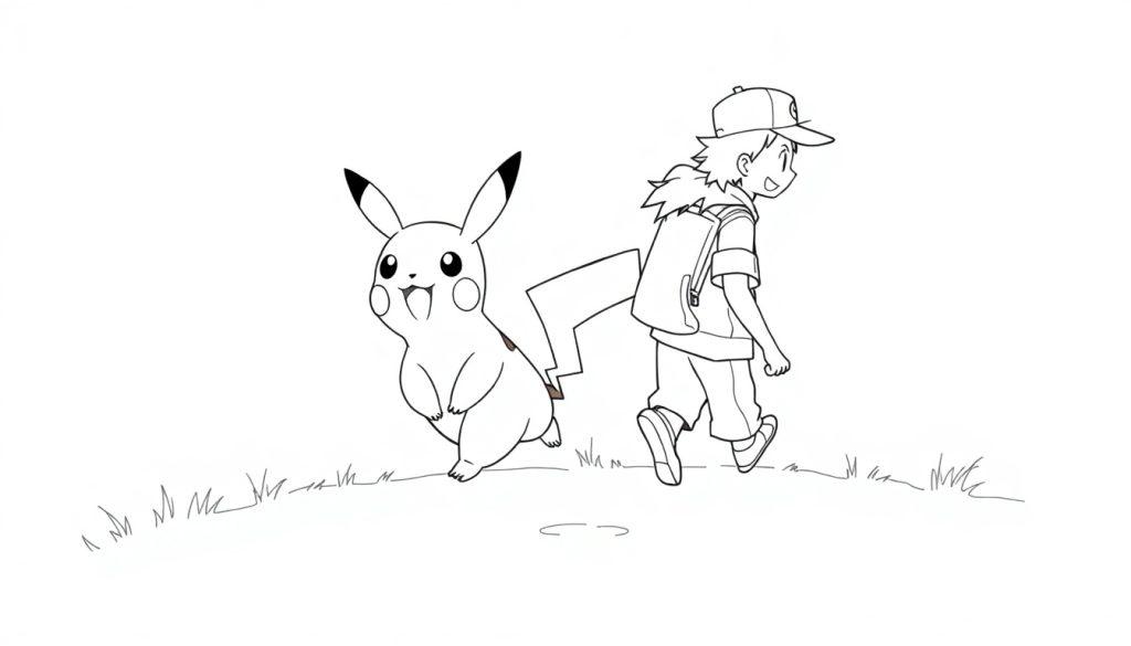 Kleurplaat van Ash en Pikachu samen op avontuur in een grasveld.