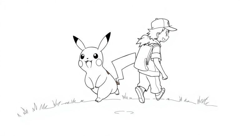 Kleurplaat van Ash en Pikachu samen op avontuur in een grasveld.