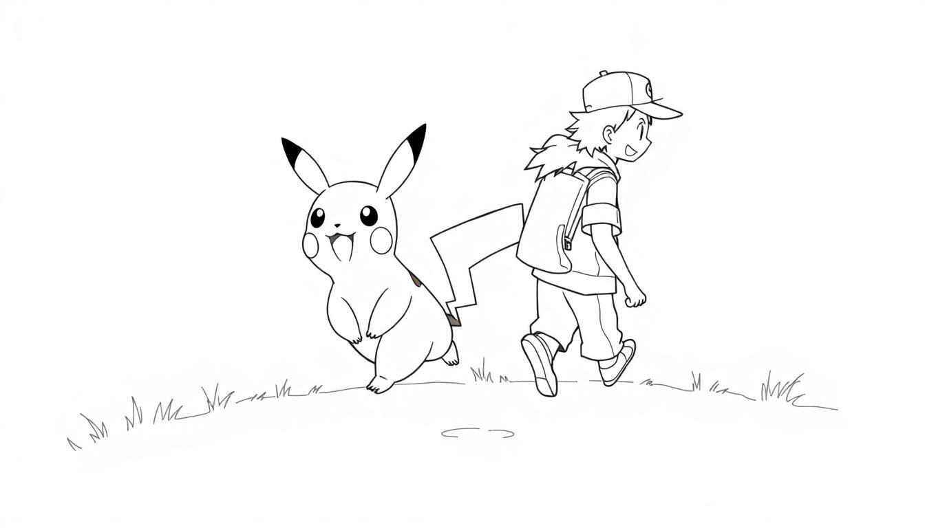 Kleurplaat van Ash en Pikachu samen op avontuur in een grasveld.