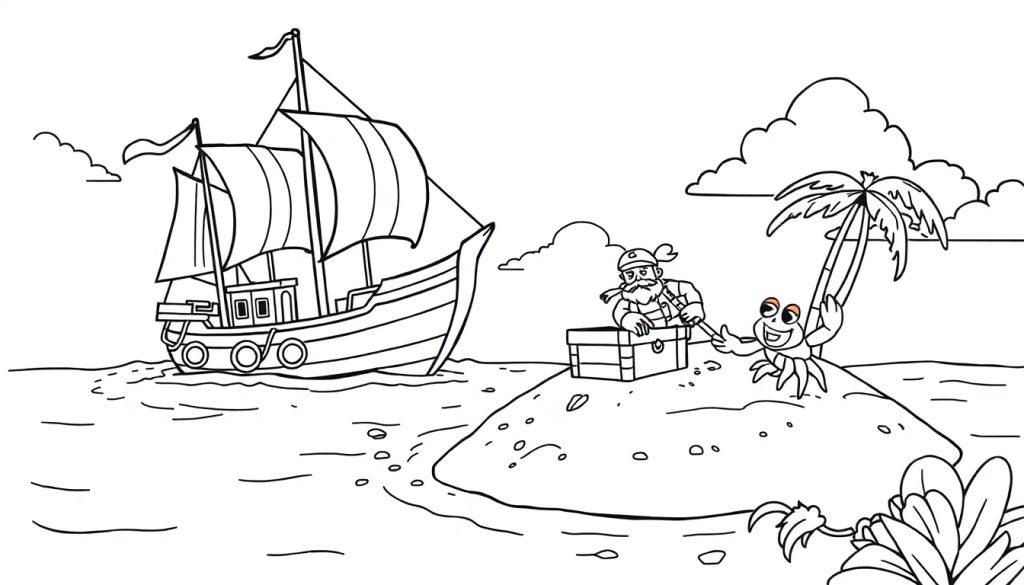 Speelse kleurplaat van een piratenschip, een eiland met een schatkist, een piraat en een vrolijke krab die aan een palmboomtak bungelt.