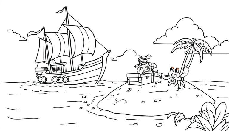 Speelse kleurplaat van een piratenschip, een eiland met een schatkist, een piraat en een vrolijke krab die aan een palmboomtak bungelt.