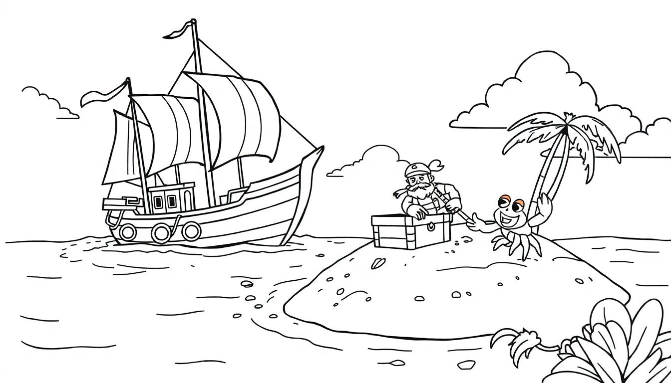 Speelse kleurplaat van een piratenschip, een eiland met een schatkist, een piraat en een vrolijke krab die aan een palmboomtak bungelt.