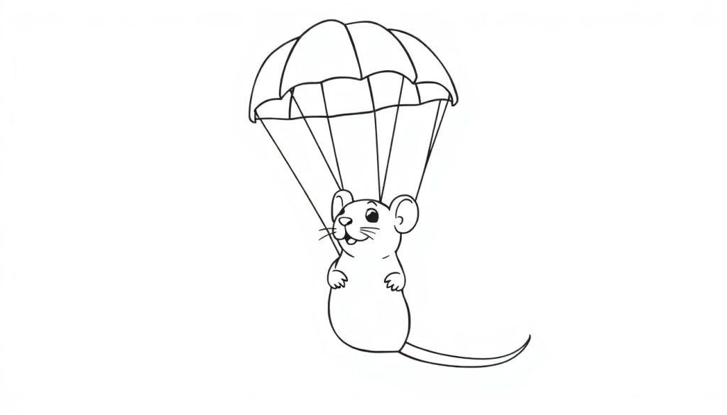 Kleurplaat van een vrolijke muis die met een parachute springt.