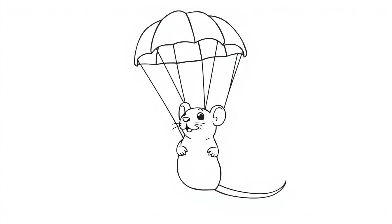 Kleurplaat van een vrolijke muis die met een parachute springt.