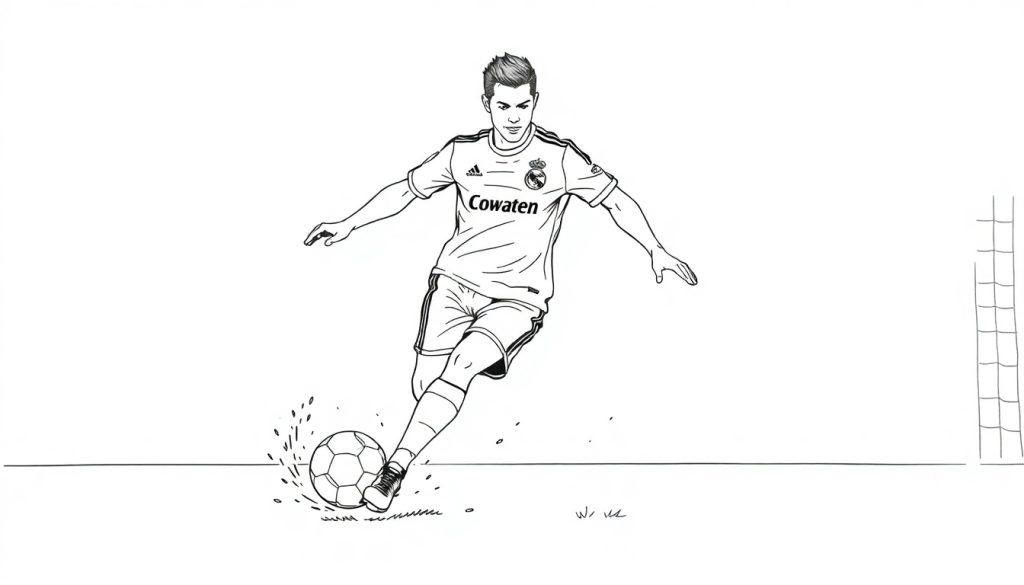 Kleurplaat van een voetballer, zoals Ronaldo, tijdens zijn tijd bij Real Madrid in actie die een bal schiet met een doel op de achtergrond.