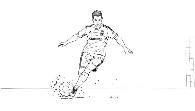 Kleurplaat van een voetballer, zoals Ronaldo, tijdens zijn tijd bij Real Madrid in actie die een bal schiet met een doel op de achtergrond.