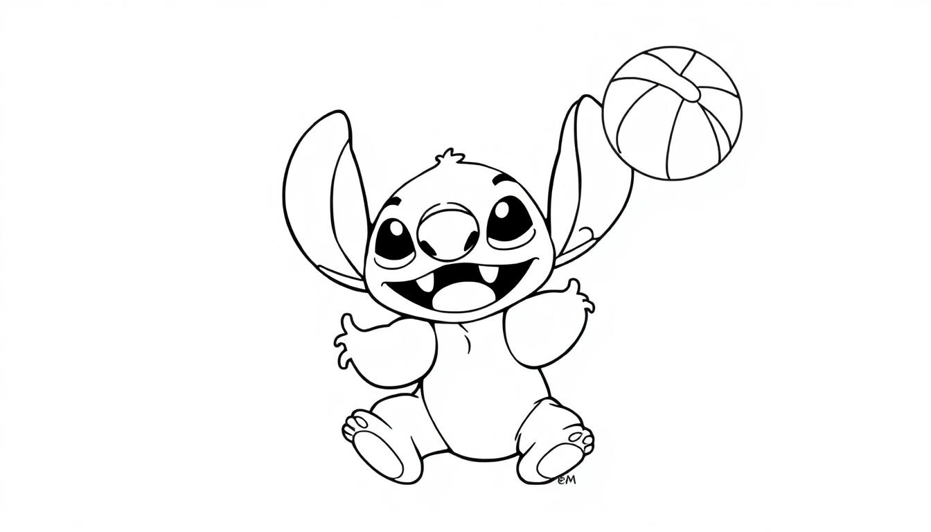 Zwart-wit kleurplaat van Stitch, een schattig figuur met grote oren, brede glimlach en een springende bal naast hem.