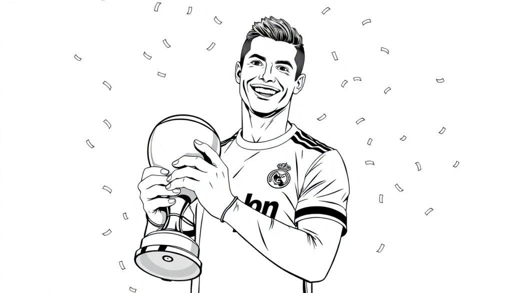 Kleurplaat van Ronaldo in Real Madrid met een beker in een feestelijke sfeer, confetti in de lucht.