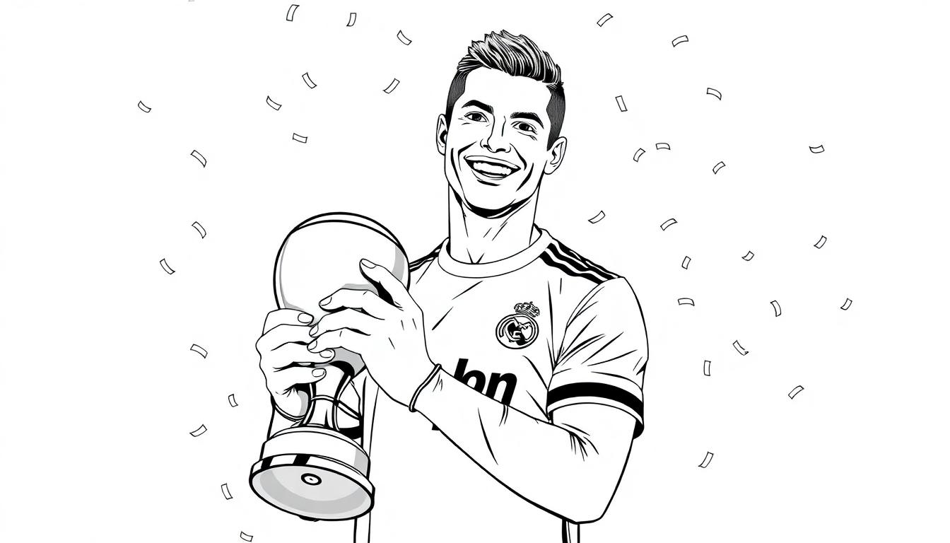 Kleurplaat van Ronaldo in Real Madrid met een beker in een feestelijke sfeer, confetti in de lucht.