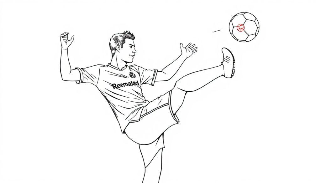 Kleurplaat van Ronaldo in Real Madrid-shirt terwijl hij een bal trapt.