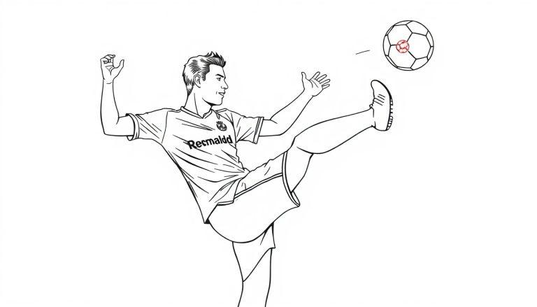 Kleurplaat van Ronaldo in Real Madrid-shirt terwijl hij een bal trapt.