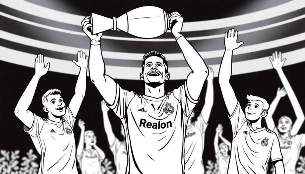 Kleurplaat van een blije Ronaldo in Real Madrid-shirt met een beker en juichende teamgenoten om hem heen.