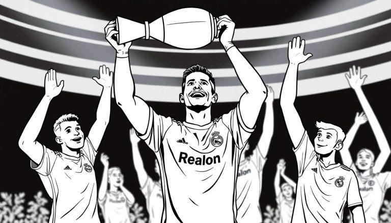 Kleurplaat van een blije Ronaldo in Real Madrid-shirt met een beker en juichende teamgenoten om hem heen.