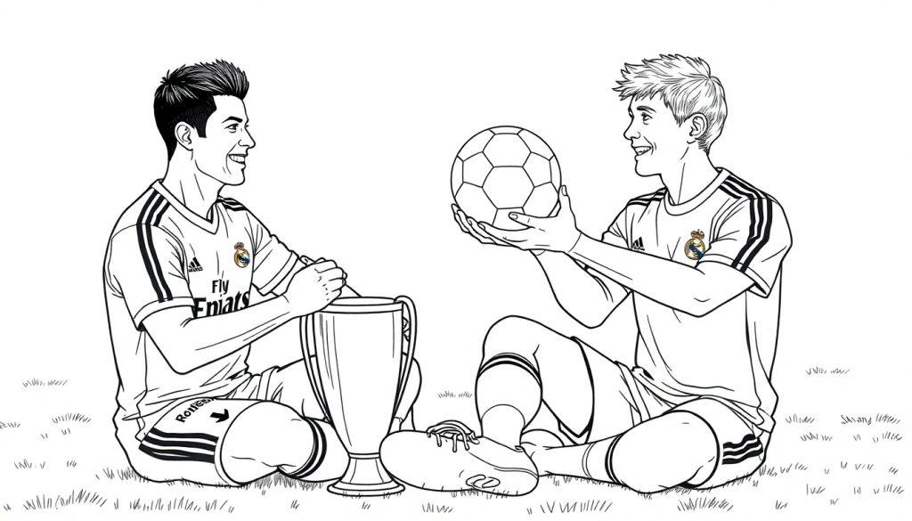Kleurplaat van twee voetballers in Real Madrid-shirts. De linker voetballer lacht met een grote beker, de rechter houdt een bal vast.