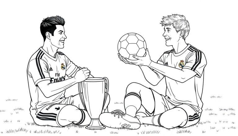 Kleurplaat van twee voetballers in Real Madrid-shirts. De linker voetballer lacht met een grote beker, de rechter houdt een bal vast.