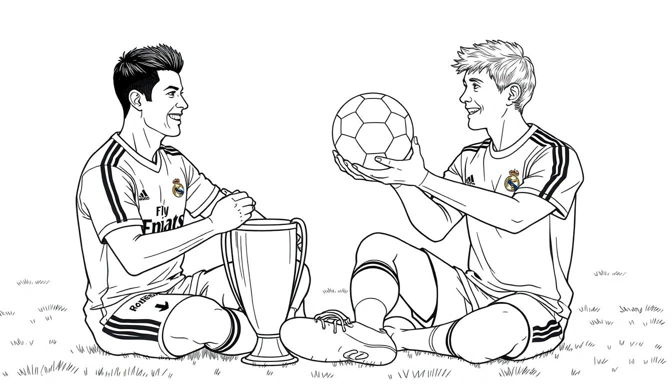 Kleurplaat van twee voetballers in Real Madrid-shirts. De linker voetballer lacht met een grote beker, de rechter houdt een bal vast.