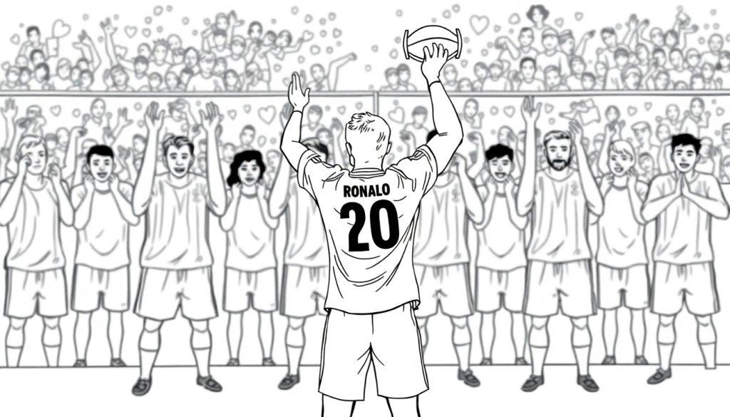 Zwart-witte kleurplaat van voetballer met nummer 20 en naam 'RONALO', die de bal omhoog houdt terwijl teamgenoten en publiek juichen.