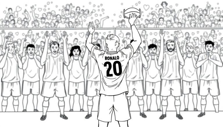 Zwart-witte kleurplaat van voetballer met nummer 20 en naam 'RONALO', die de bal omhoog houdt terwijl teamgenoten en publiek juichen.