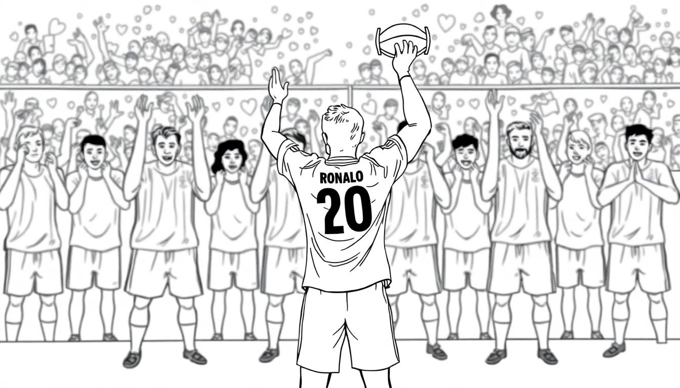 Zwart-witte kleurplaat van voetballer met nummer 20 en naam 'RONALO', die de bal omhoog houdt terwijl teamgenoten en publiek juichen.