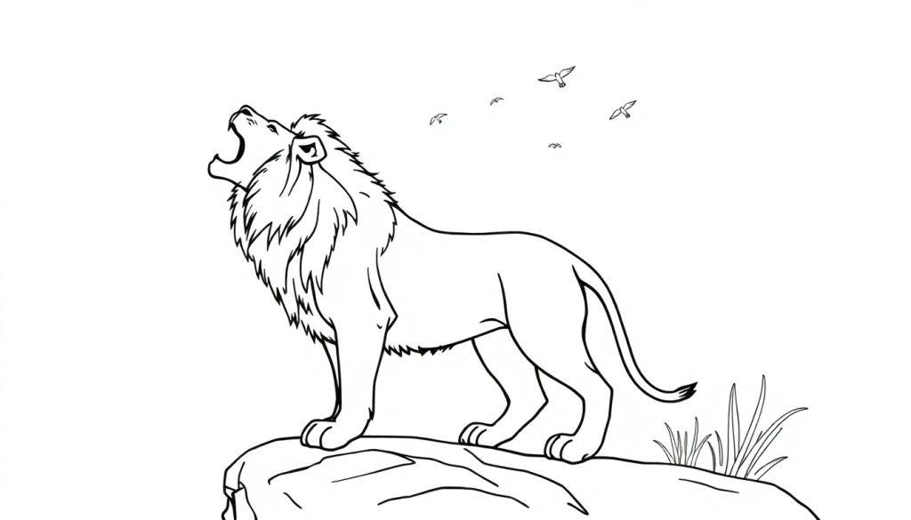 Kleurplaat van een krachtige leeuw op een rots met open mond, vogels in de lucht en gras aan de rand van de rots.