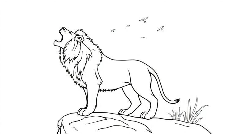 Kleurplaat van een krachtige leeuw op een rots met open mond, vogels in de lucht en gras aan de rand van de rots.