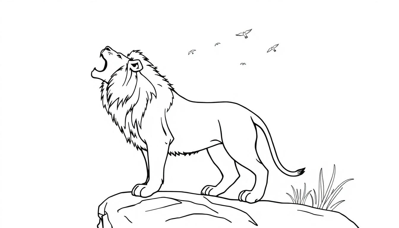 Kleurplaat van een krachtige leeuw op een rots met open mond, vogels in de lucht en gras aan de rand van de rots.