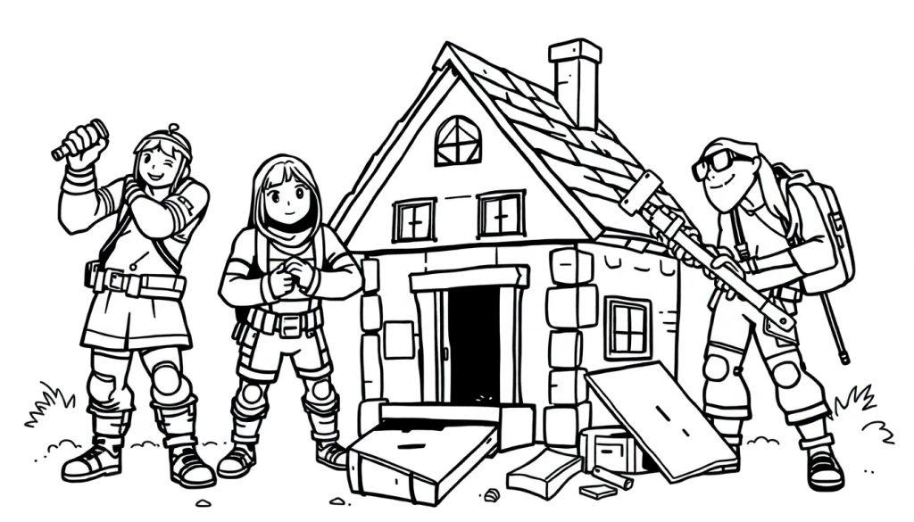 Kleurplaat van Fortnite-personages die met gereedschap aan een klein huisje werken.