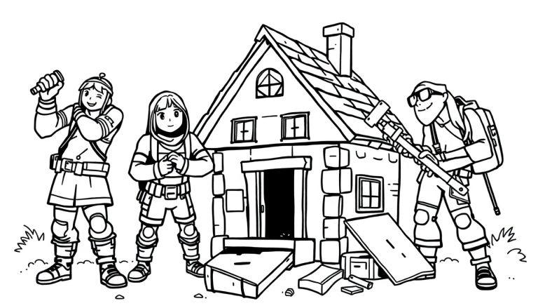 Kleurplaat van Fortnite-personages die met gereedschap aan een klein huisje werken.