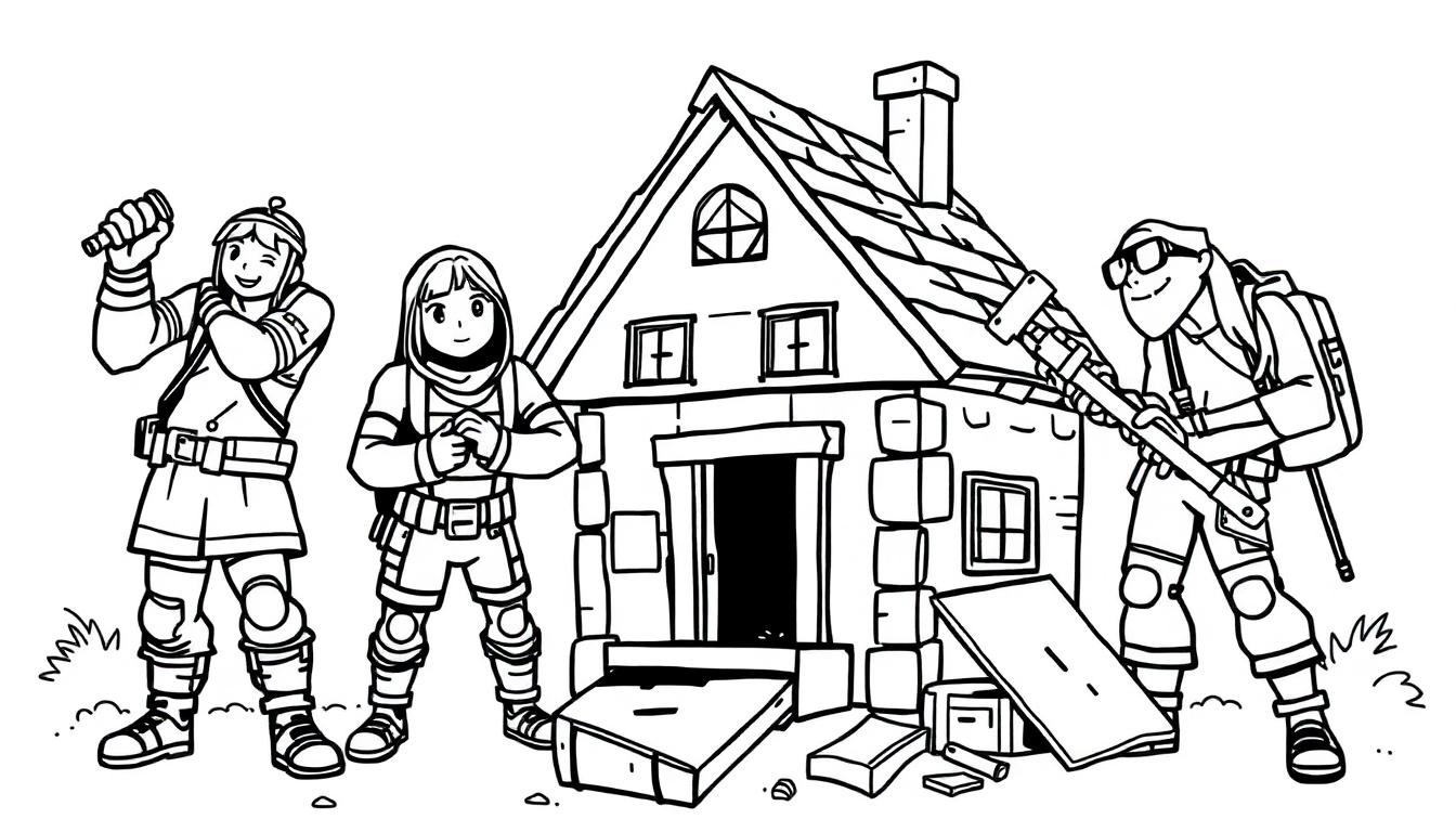 Kleurplaat van Fortnite-personages die met gereedschap aan een klein huisje werken.