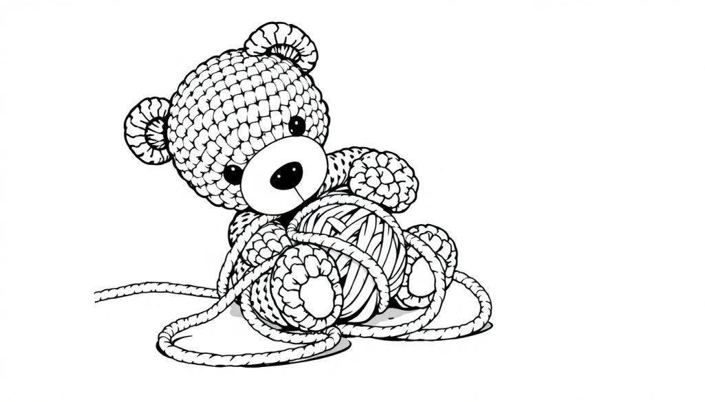 Lijntekening van een schattige gehaakte teddybeer met een bol wol, perfect als kleurplaat voor kinderen.