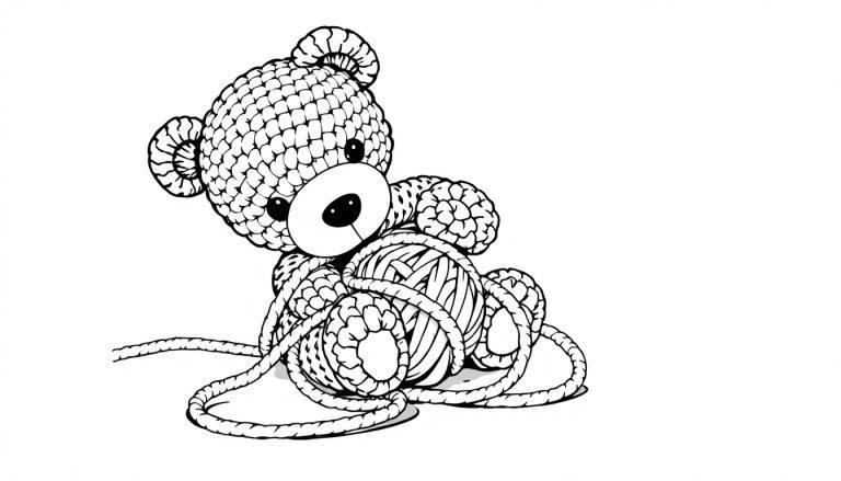 Lijntekening van een schattige gehaakte teddybeer met een bol wol, perfect als kleurplaat voor kinderen.