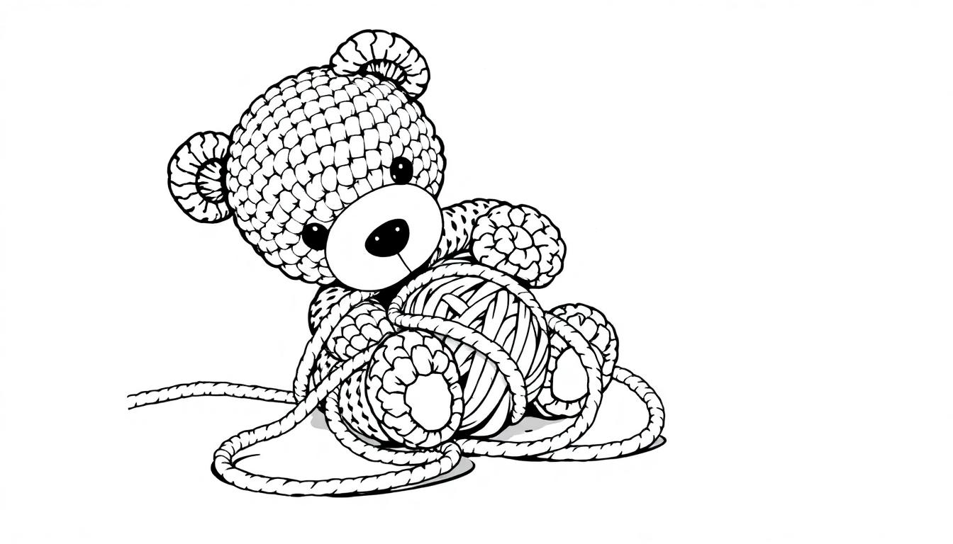 Lijntekening van een schattige gehaakte teddybeer met een bol wol, perfect als kleurplaat voor kinderen.