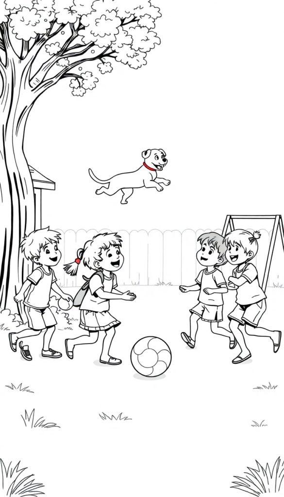 Kleurplaat van vier kinderen die spelen in een tuin met een hond, een schommel en een boom.