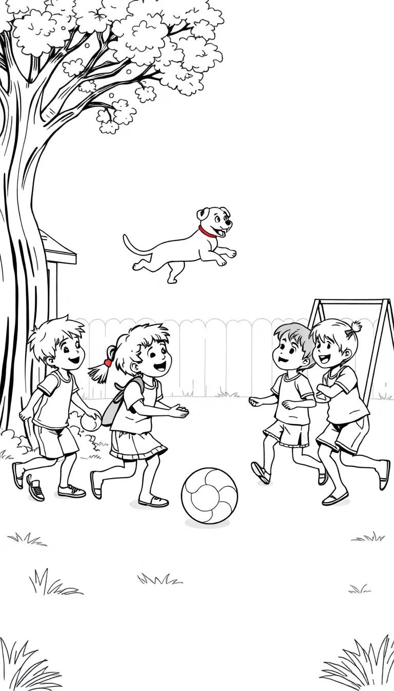 Kleurplaat van vier kinderen die spelen in een tuin met een hond, een schommel en een boom.