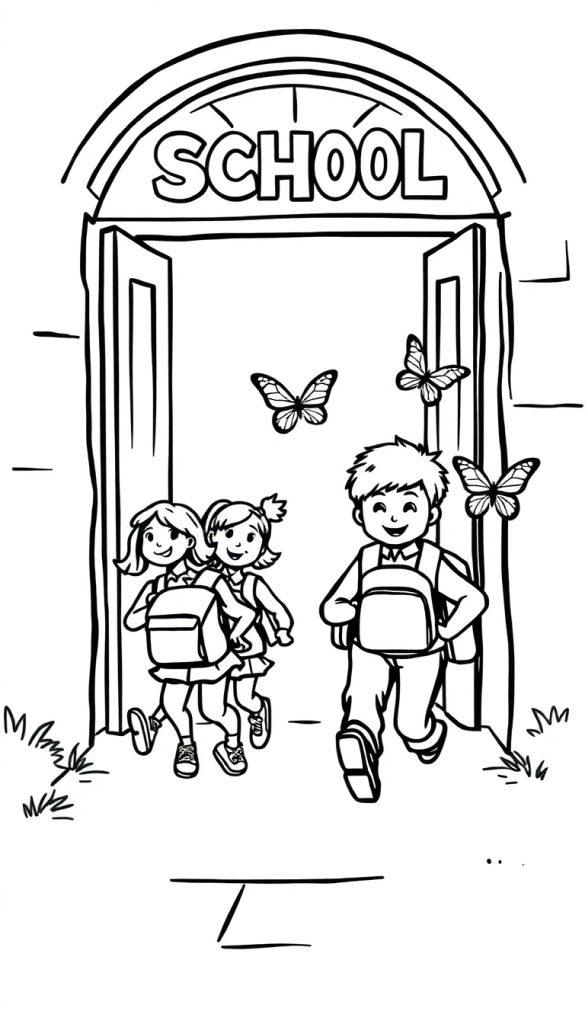 Zwart-wit kleurplaat van kinderen die blij de schooldeur verlaten, met de tekst 'school' boven de deur en vlinders om hen heen.