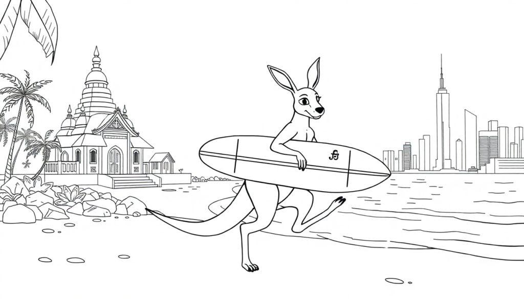 Kleurplaat van een vrolijke kangoeroe met een surfplank op een strand, met een tempel, palmbomen en een skyline op de achtergrond.