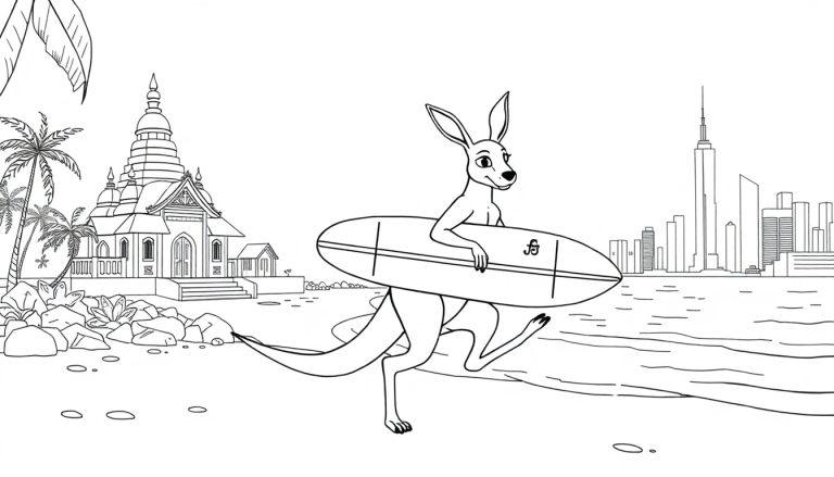 Kleurplaat van een vrolijke kangoeroe met een surfplank op een strand, met een tempel, palmbomen en een skyline op de achtergrond.