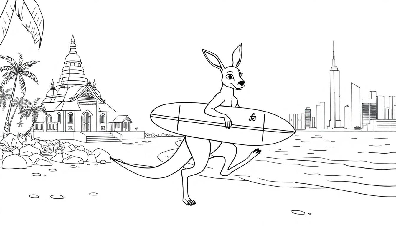 Kleurplaat van een vrolijke kangoeroe met een surfplank op een strand, met een tempel, palmbomen en een skyline op de achtergrond.