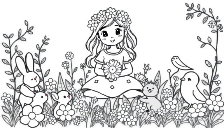 Zwart-witte kleurplaat van een meisje op gras met bloemen en dieren.