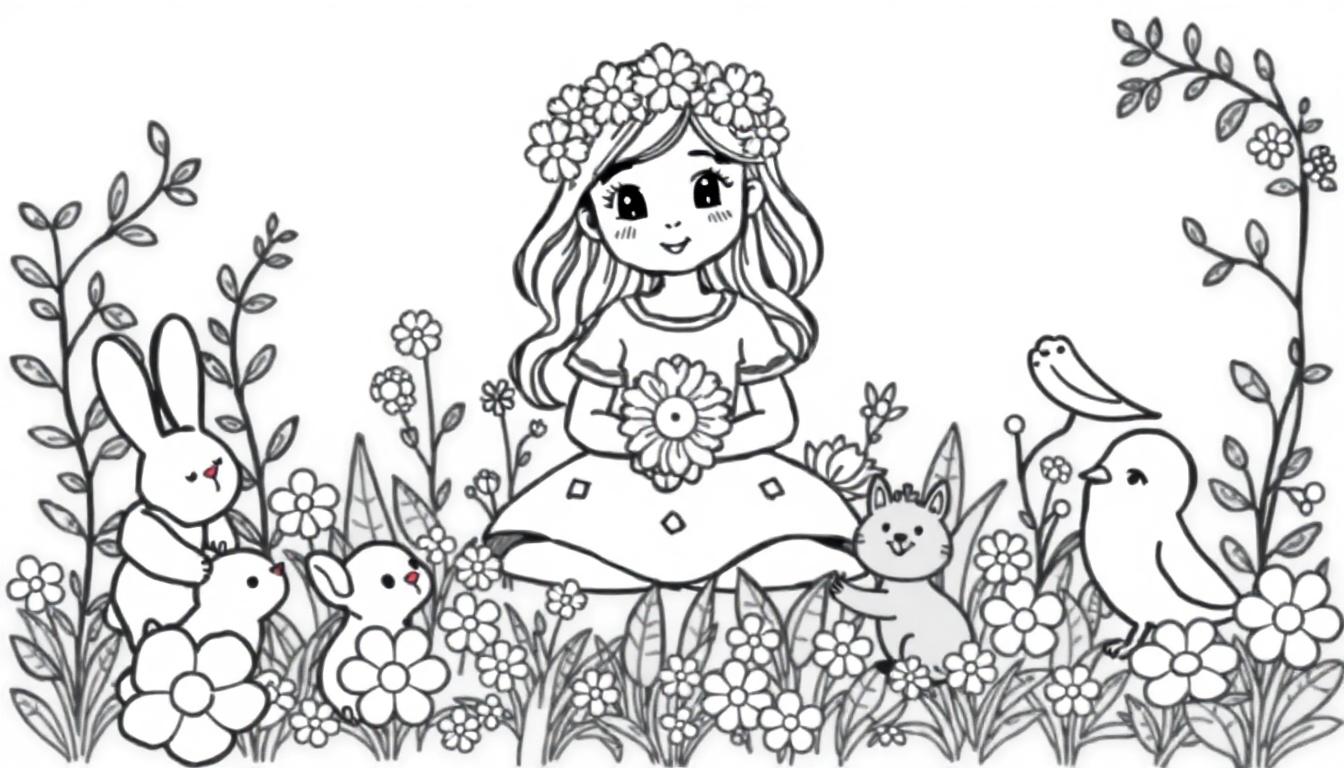 Zwart-witte kleurplaat van een meisje op gras met bloemen en dieren.