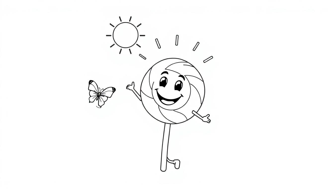 Zwart-wit kleurplaat van een dansende lolly met een gezichtje, een zon en een vlinder.