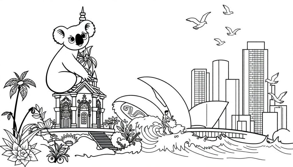 Kleurplaat vol met symbolen van Australië, Bali en New York City. Koala op een gebouw, Sydney Opera House, een surfer, een stad en meer.