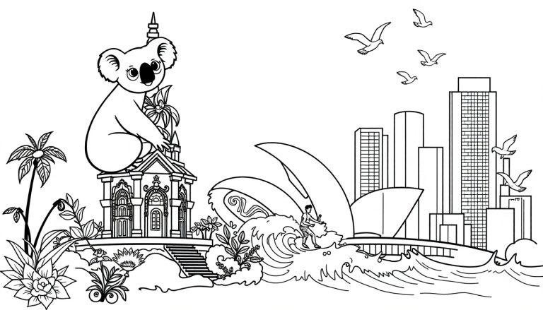 Kleurplaat vol met symbolen van Australië, Bali en New York City. Koala op een gebouw, Sydney Opera House, een surfer, een stad en meer.