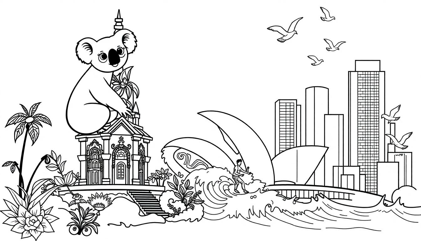 Kleurplaat vol met symbolen van Australië, Bali en New York City. Koala op een gebouw, Sydney Opera House, een surfer, een stad en meer.