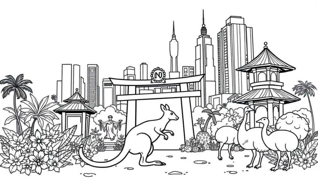 Een kleurrijke kleurplaat met elementen uit Australië, Bali en New York City: tropische planten, dieren zoals kangoeroes en emoes, Japanse pagodes, een torii-poort, wolkenkrabbers en een standbeeld.