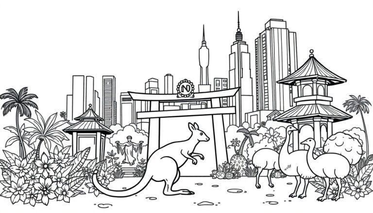 Een kleurrijke kleurplaat met elementen uit Australië, Bali en New York City: tropische planten, dieren zoals kangoeroes en emoes, Japanse pagodes, een torii-poort, wolkenkrabbers en een standbeeld.