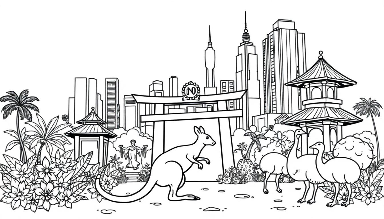 Een kleurrijke kleurplaat met elementen uit Australië, Bali en New York City: tropische planten, dieren zoals kangoeroes en emoes, Japanse pagodes, een torii-poort, wolkenkrabbers en een standbeeld.