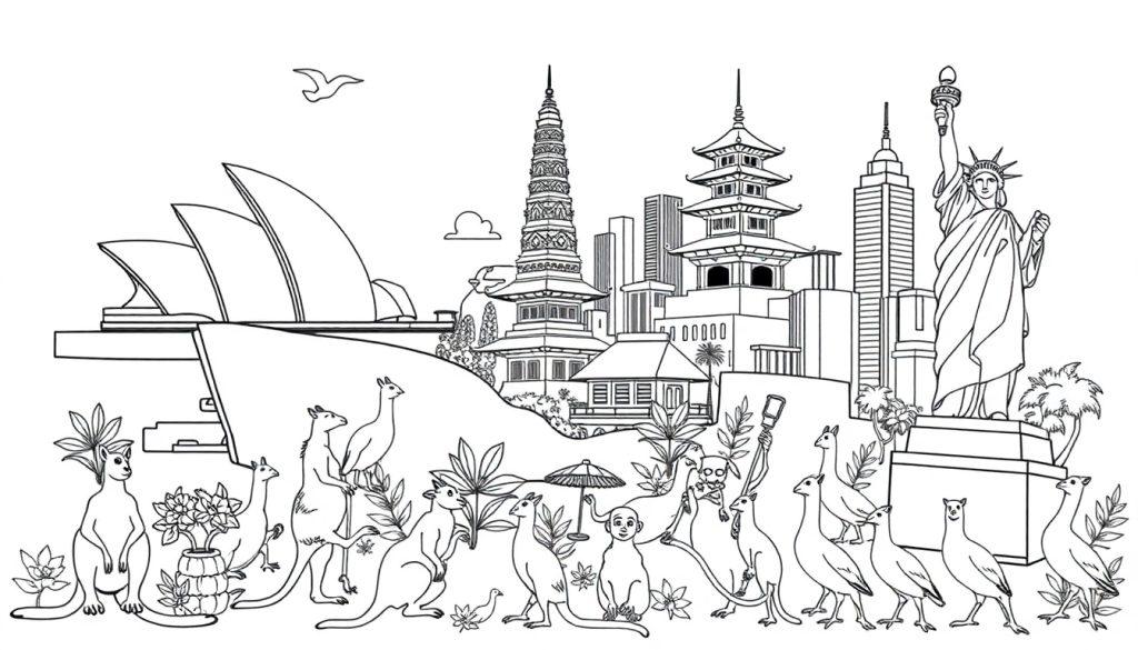 Een kleurplaat met de Sydney Opera House, Aziatische tempels, een stadssilhouet, het Vrijheidsbeeld, kangoeroes, emoes en veel decoratieve elementen.